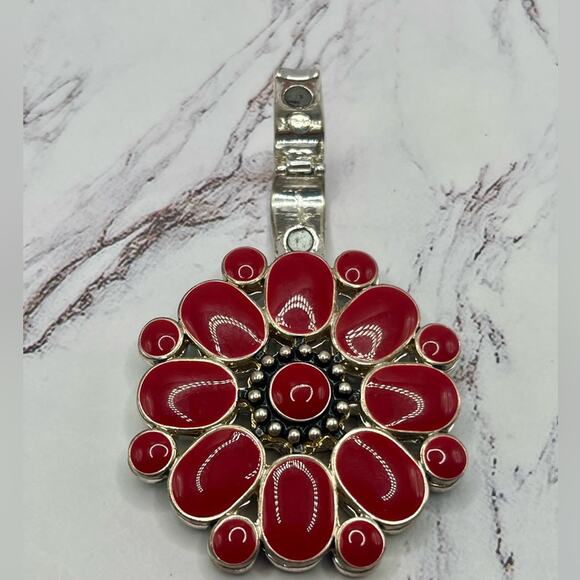 Premier Designs large reversible red and turquoise flower pendant - Picture 4 of 7